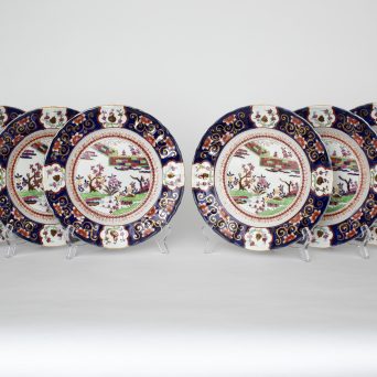 Set of 6 Antique English Mason’s Ironstone Plates in the “Coloured Wall” Pattern