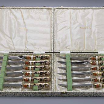 Set of 12 Silver Plate Steak Knives with Royal Crown Derby Porcelain Handles